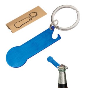 Metal bottle opener keyring with token RODNEY blue