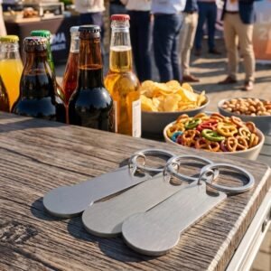 Metal bottle opener keyring with token RODNEY grey