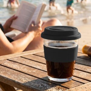 Glass mug with lid 300 ml AMANDA black