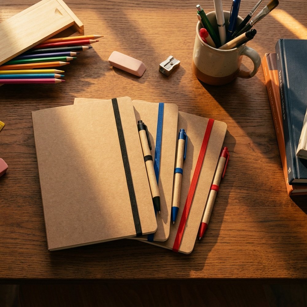 A5 notebook with blank pages and pen made of recycled materials CHLOE black