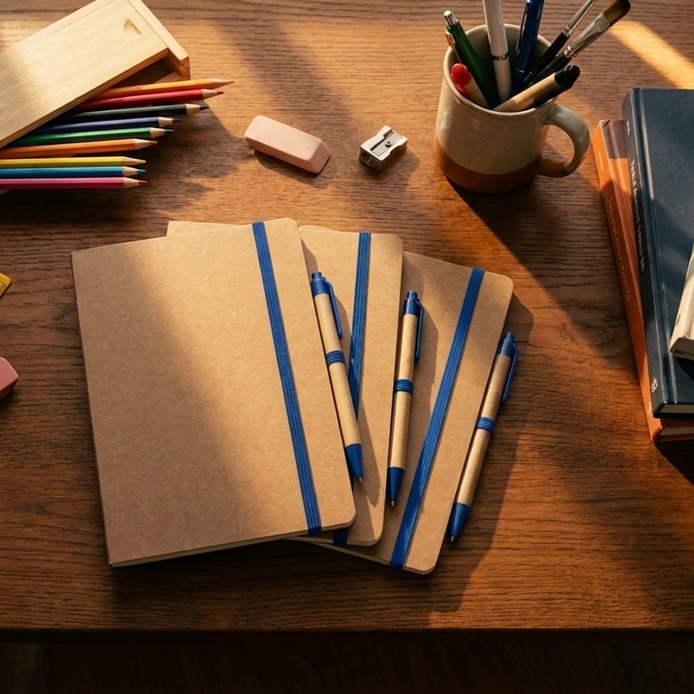 A5 notebook with blank pages and pen made of recycled materials CHLOE blue