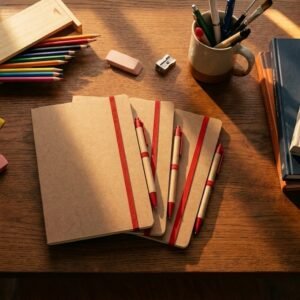 A5 notebook with blank pages and pen made of recycled materials CHLOE red