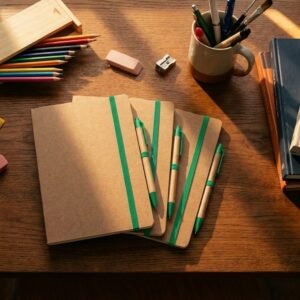 A5 notebook with blank pages and pen made of recycled materials CHLOE green