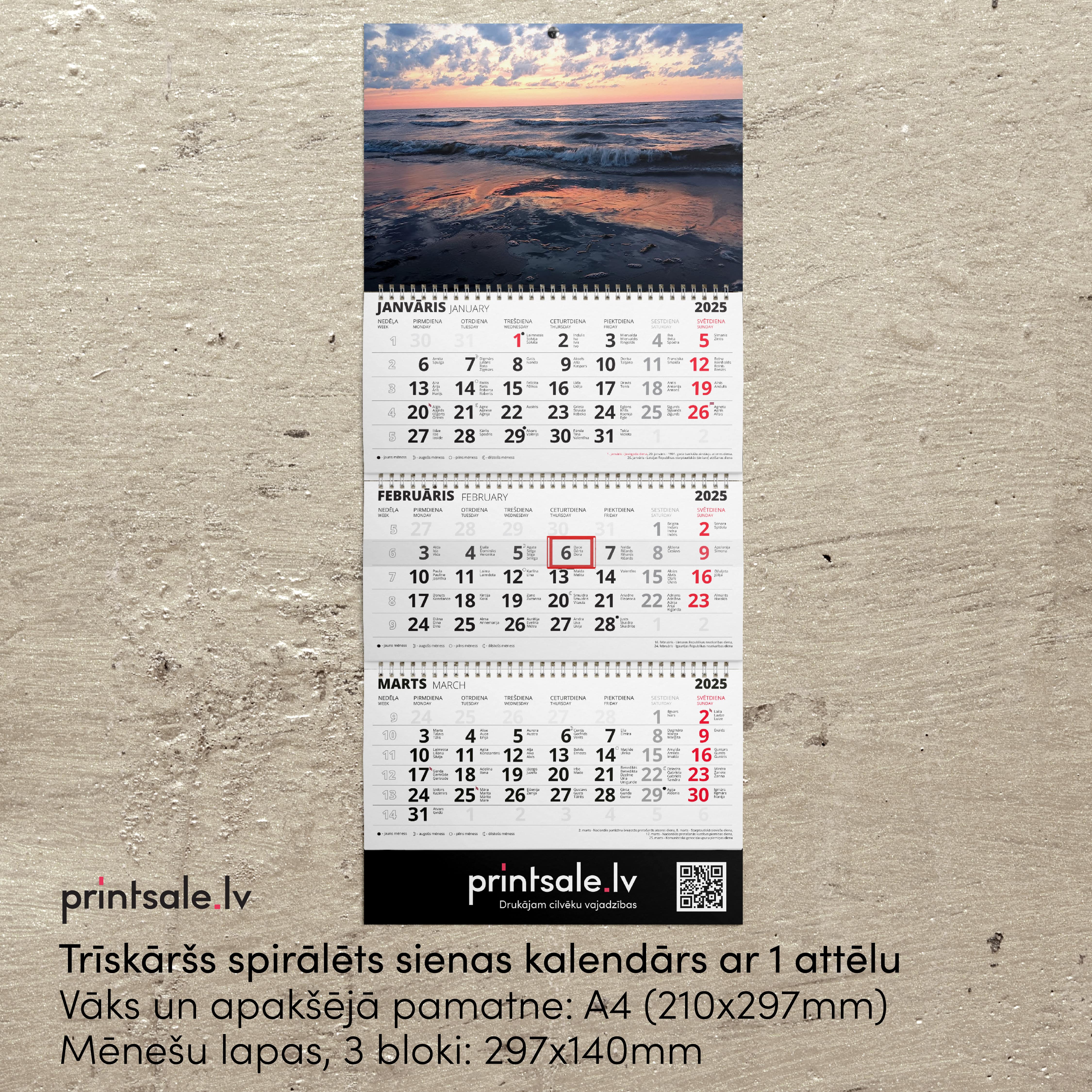 Trīskāršs spirālēts sienas kalendārs